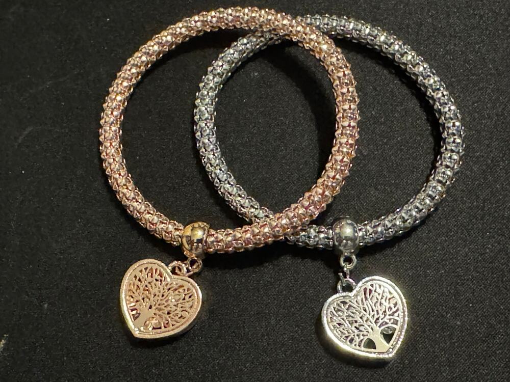 Set of Tree of Life Size 7 Gold Rose Tone and Silver Tone Bracelets